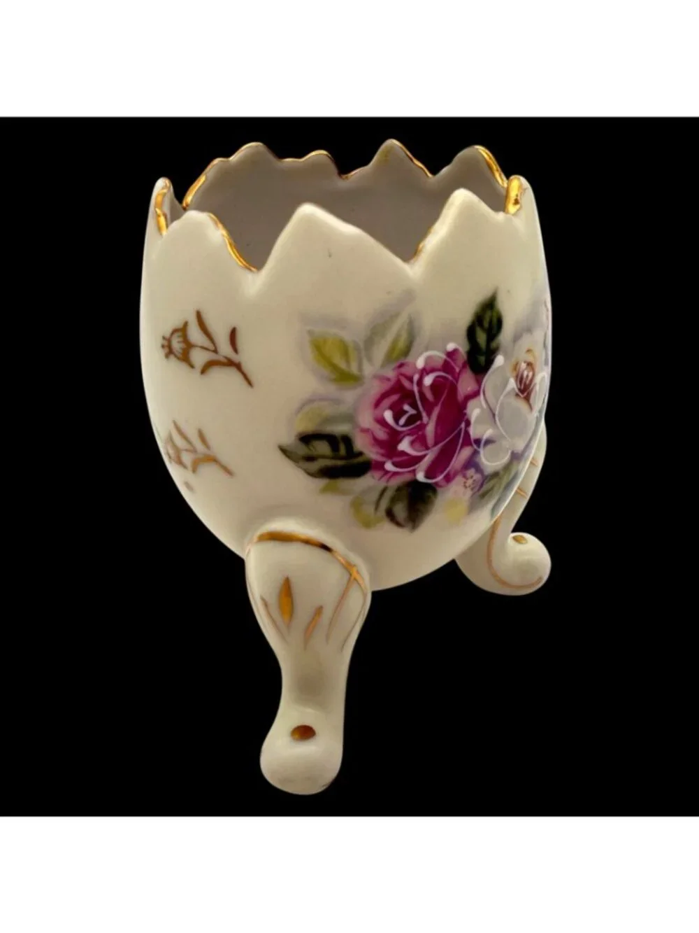 Vtg 1960s Inarco Handpainted Porcelain Broken Egg Vase Roses MCM 4